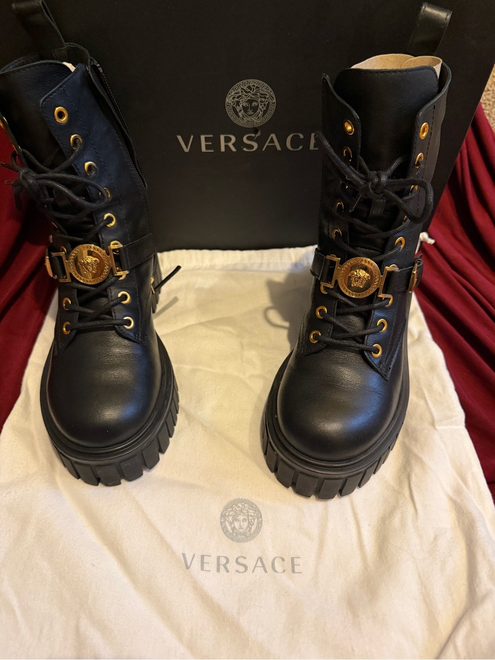 Versace Black Leather Medusa Lug-Soled Biker Boots w/Gold Hardware size 37 US 7
